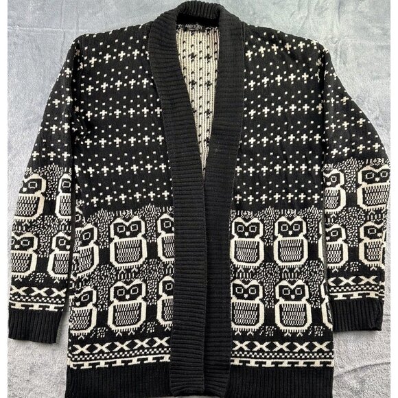 ANYBODY Collection Owl Sweater Women’s Lg Black/Tan Open Front Long Sleeve READ* - Picture 14 of 15